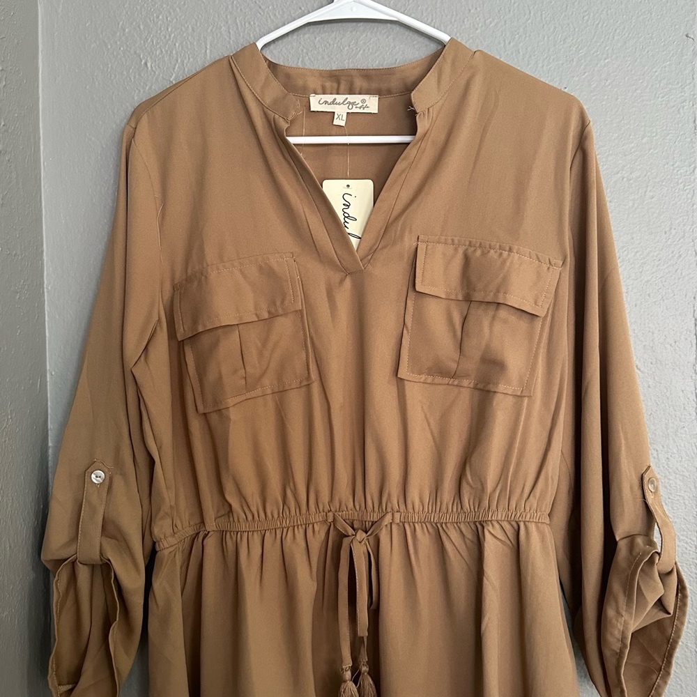 Tan Long Sleeve Dress with Pockets